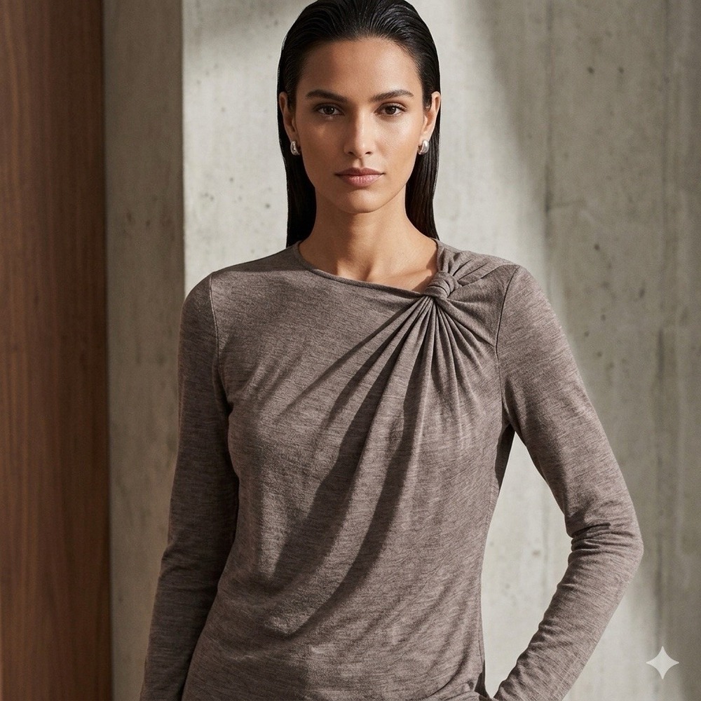 Lafayette 148 New York Wool Blend Gathered Knot Neck Long Sleeve Top Brown Small